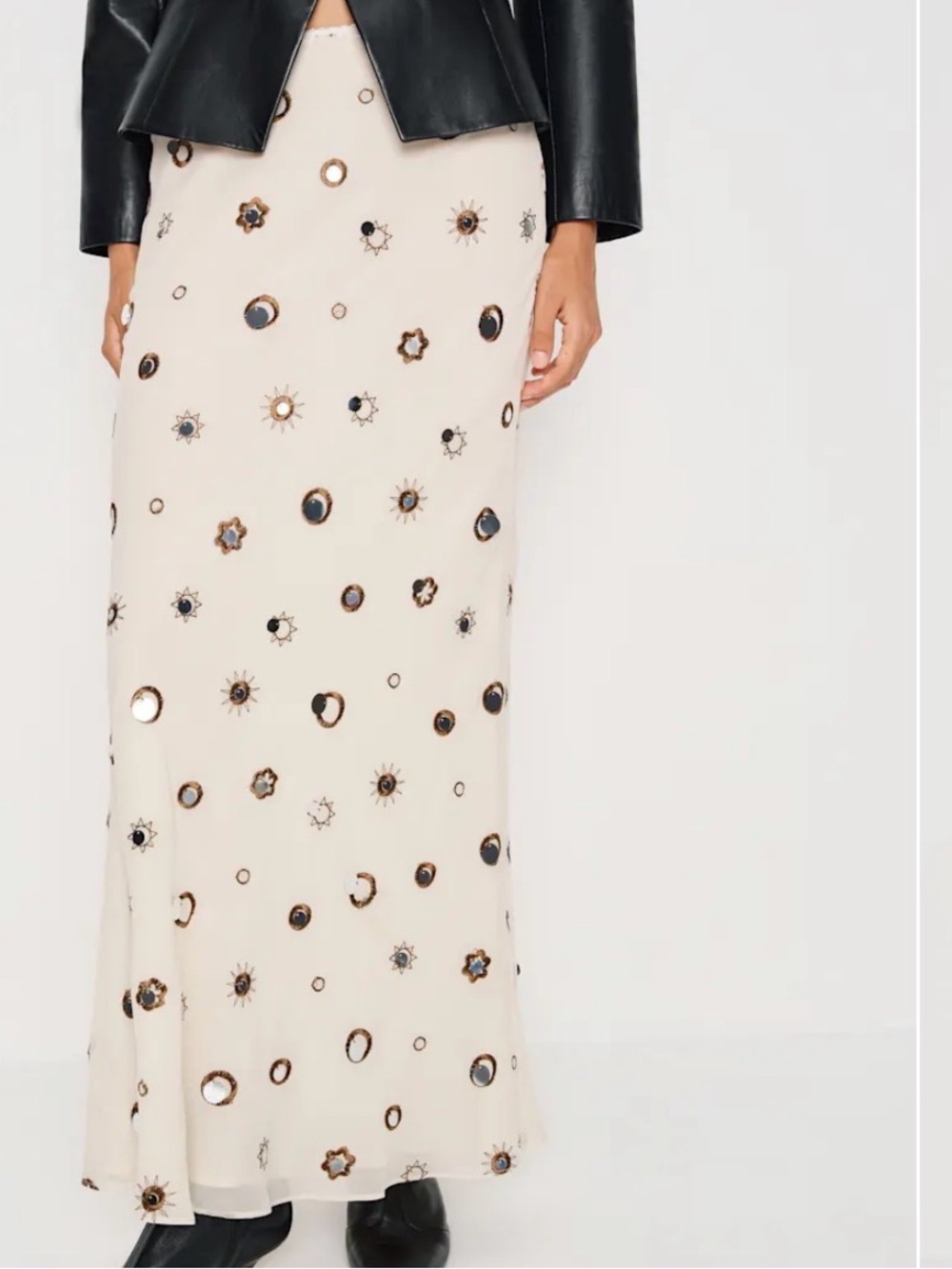 Reformation Cream Maxi Skirt with Metallic Celestial Embellishments